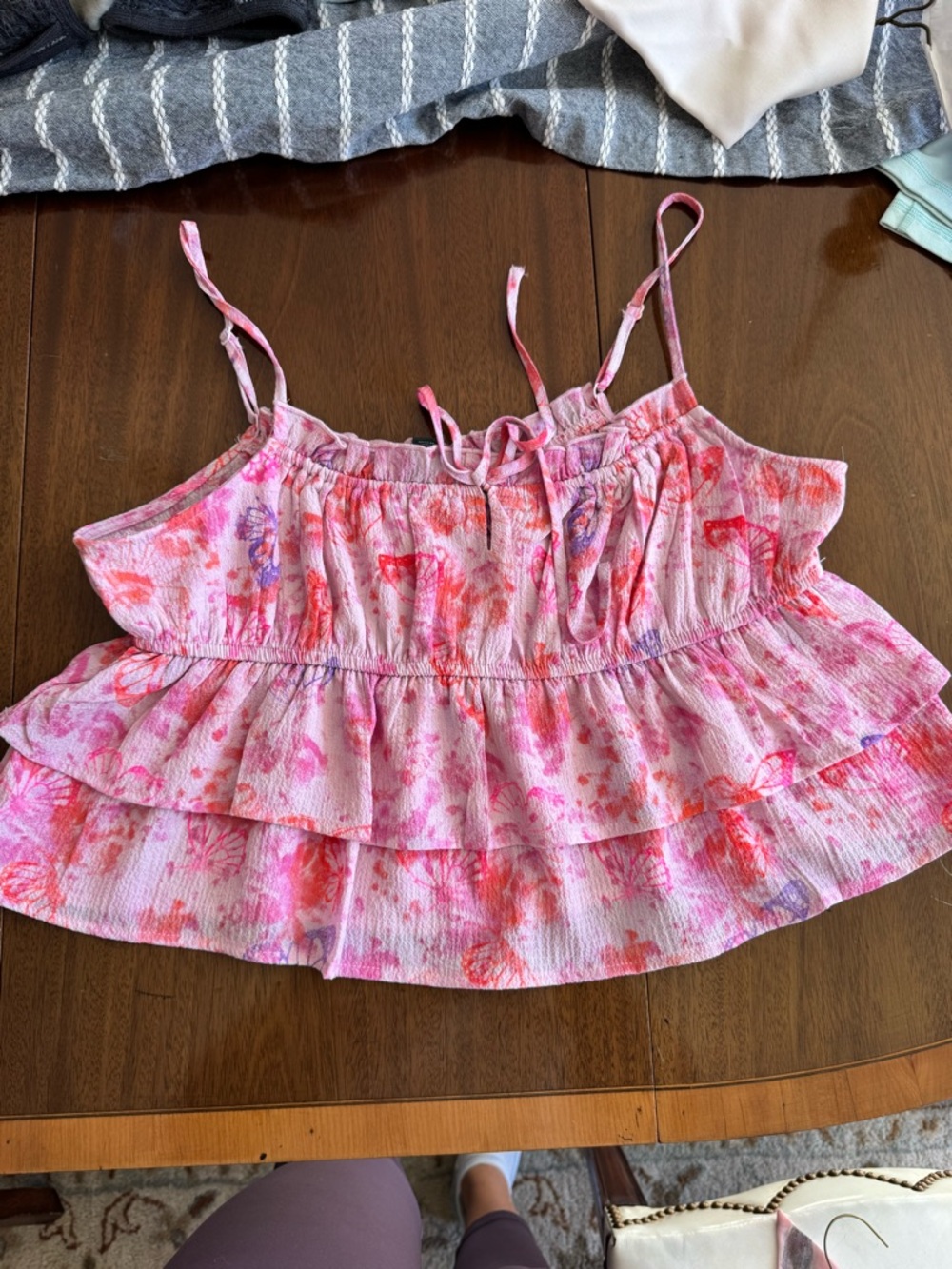 wild fable Pink Watercolor Butterfly Tie-Front Ruffle Tank